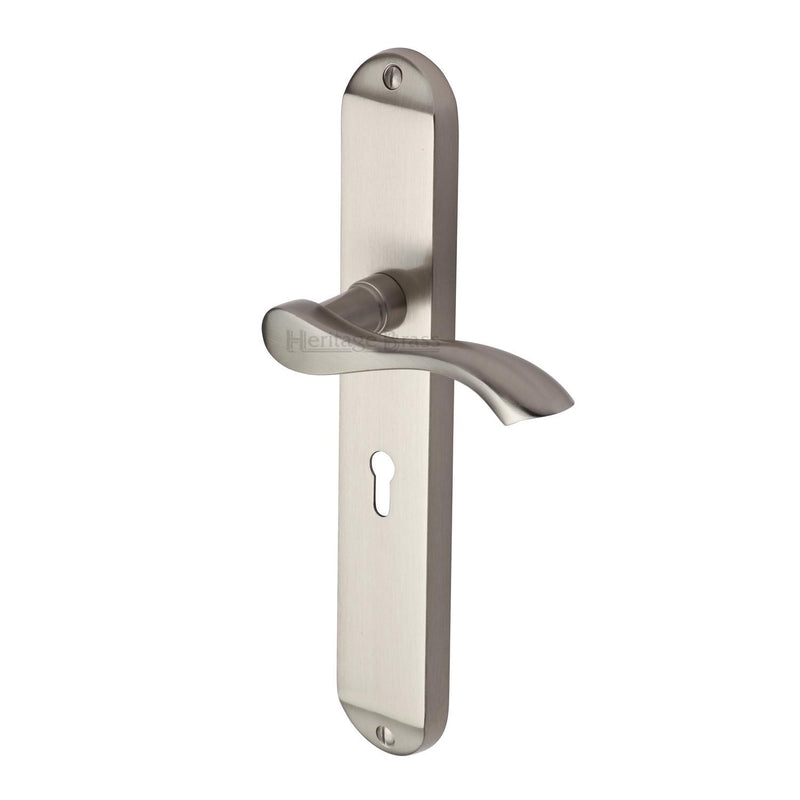 Heritage Brass Door Handle Lever Lock Algarve Long Design Satin Nickel finish - MM7200-SN - Choice Handles