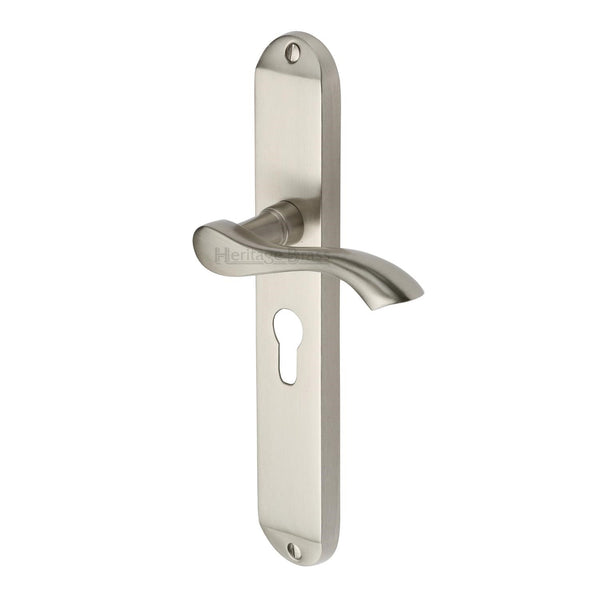 Heritage Brass Door Handle for Euro Profile Plate Algarve Long Design Satin Nickel finish - MM7248-SN - Choice Handles