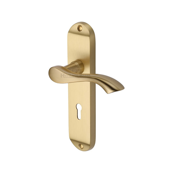 Heritage Brass Door Handle Lever Lock Algarve Design Satin Brass finish - MM924-SB - Choice Handles