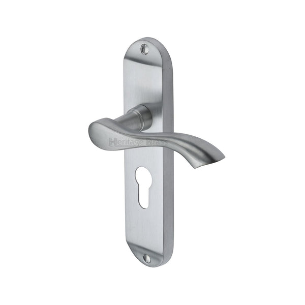 Heritage Brass Door Handle for Euro Profile Plate Algarve Design Satin Chrome finish - MM925-SC - Choice Handles