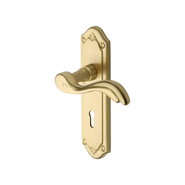 Heritage Brass Door Handle Lever Lock Lisboa Design Satin Brass finish - MM991-SB - Choice Handles