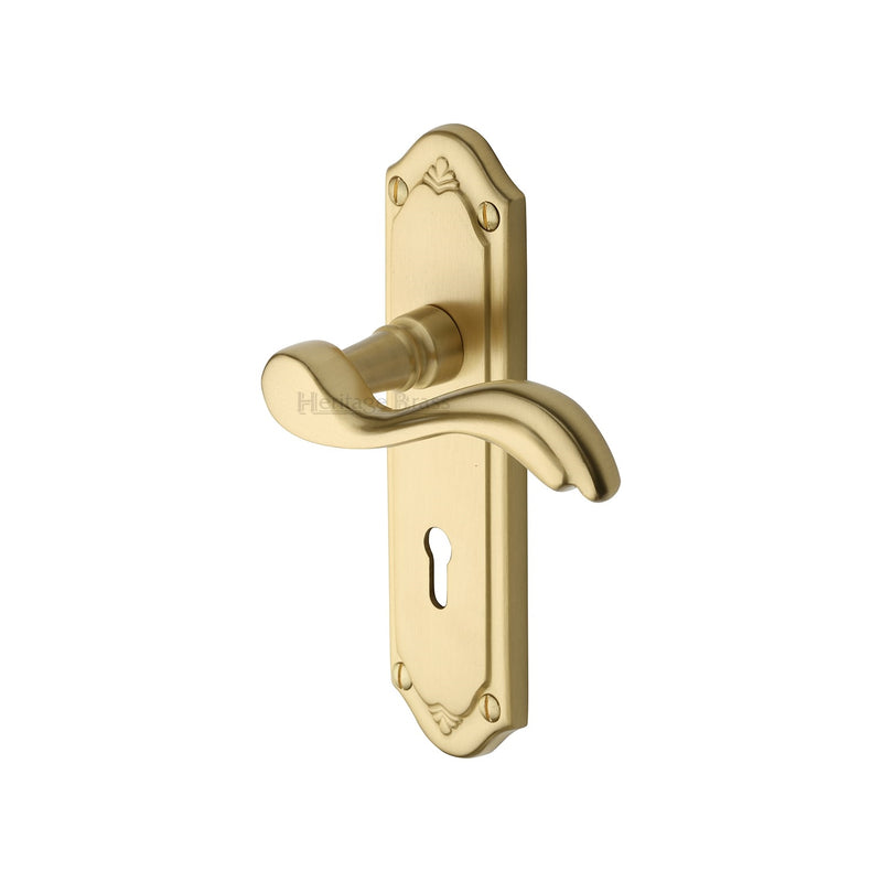 Heritage Brass Door Handle Lever Lock Lisboa Design Satin Brass finish - MM991-SB - Choice Handles