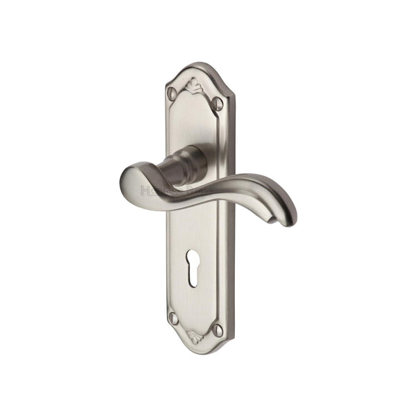 Heritage Brass Door Handle Lever Lock Lisboa Design Satin Nickel finish - MM991-SN - Choice Handles