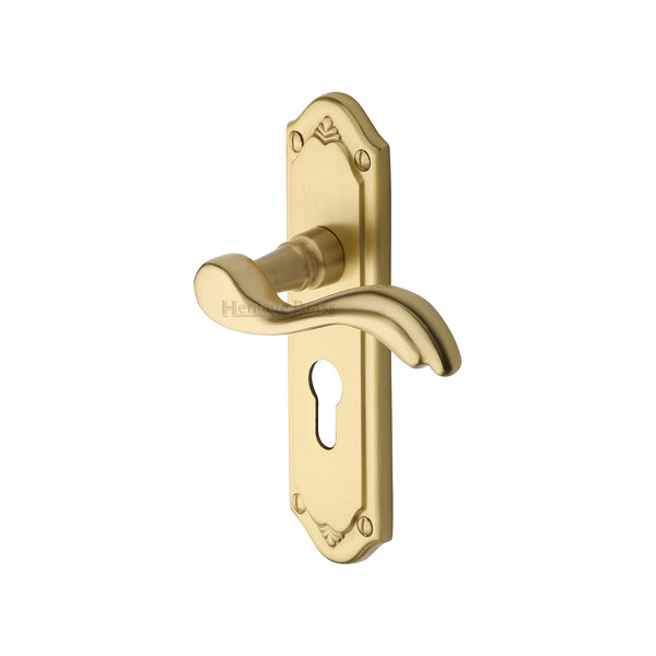 Heritage Brass Door Handle for Euro Profile Plate Lisboa Design Satin Brass finish - MM994.48-SB - Choice Handles
