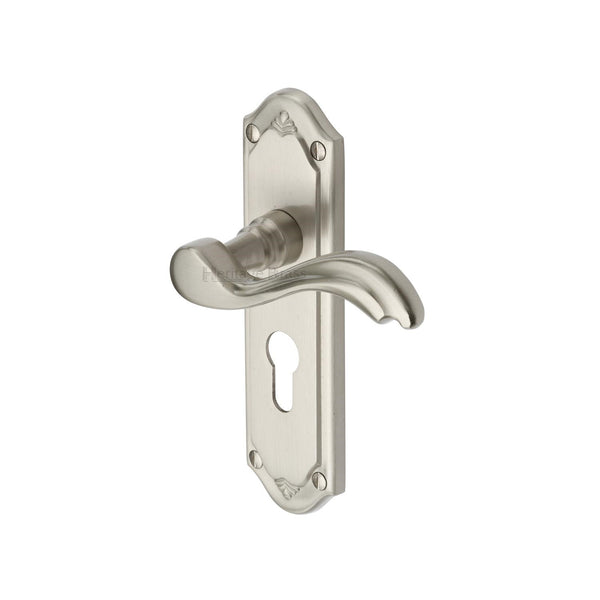Heritage Brass Door Handle for Euro Profile Plate Lisboa Design Satin Nickel finish - MM994.48-SN - Choice Handles