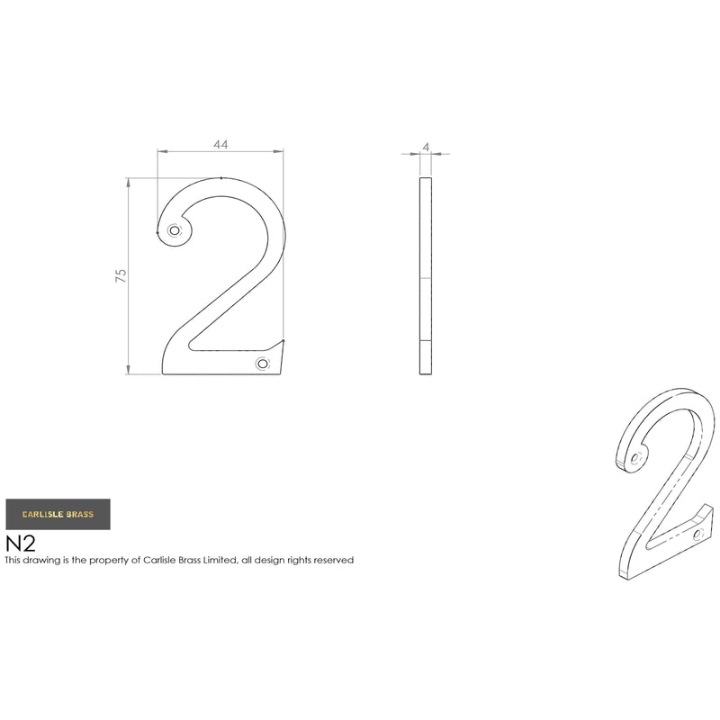 Carlisle Brass - Numeral Face Fix (No.2) 76mm - Satin Chrome - N2SC