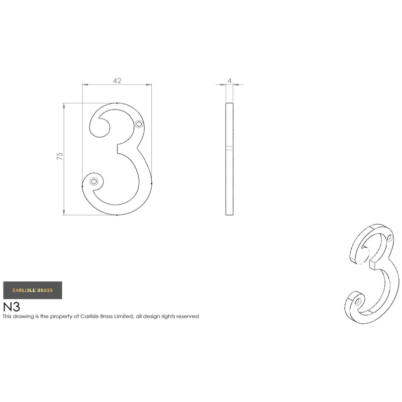 Carlisle Brass - Numeral Face Fix (No.3) 76mm - Polished Brass PVD - N3PVD