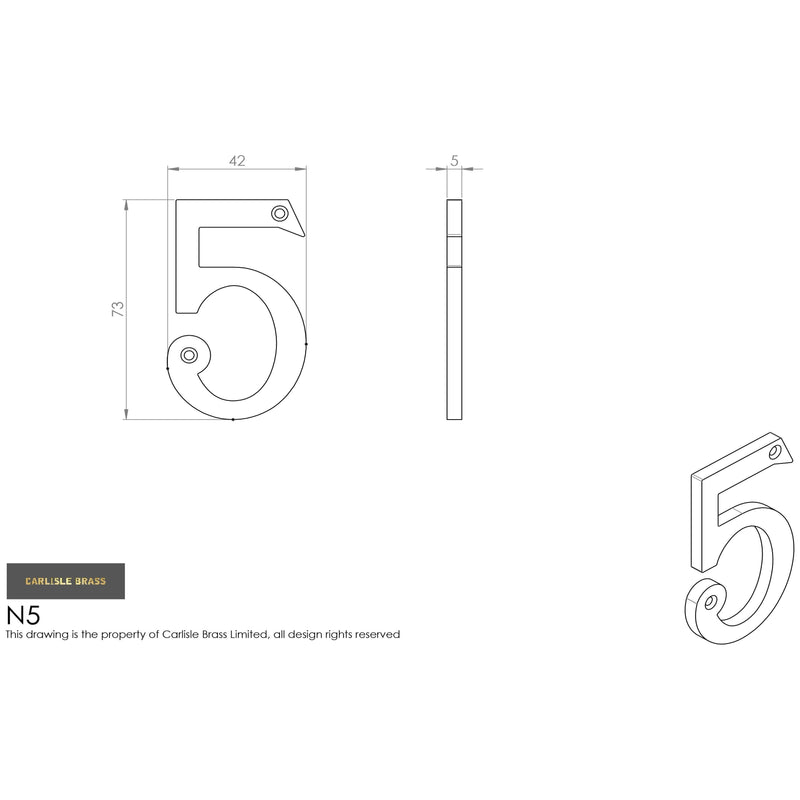 Carlisle Brass - Numeral Face Fix (No.5) 76mm - Polished Brass PVD - N5PVD