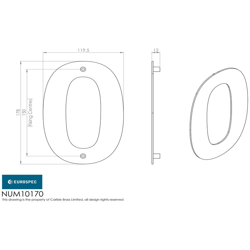 Eurospec - 178mm Stainless Steel 7" Door Numerals (0-9) (Number 0) - Bright Stainless Steel - NUM10170BSS