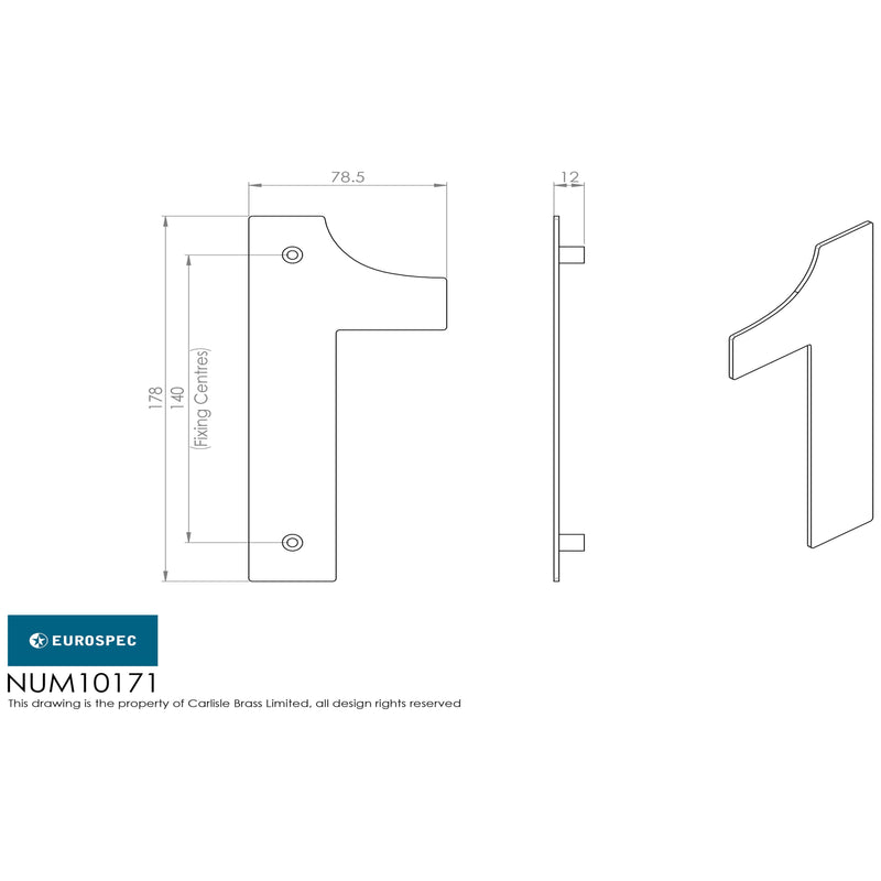 Eurospec - 178mm Stainless Steel 7" Door Numerals (0-9) (Number 1) - Satin Stainless Steel - NUM10171SSS
