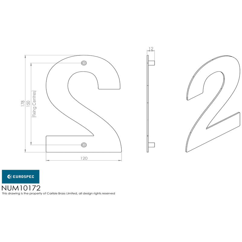 Eurospec - 178mm Stainless Steel 7" Door Numerals (0-9) (Number 2) - Bright Stainless Steel - NUM10172BSS - Choice Handles
