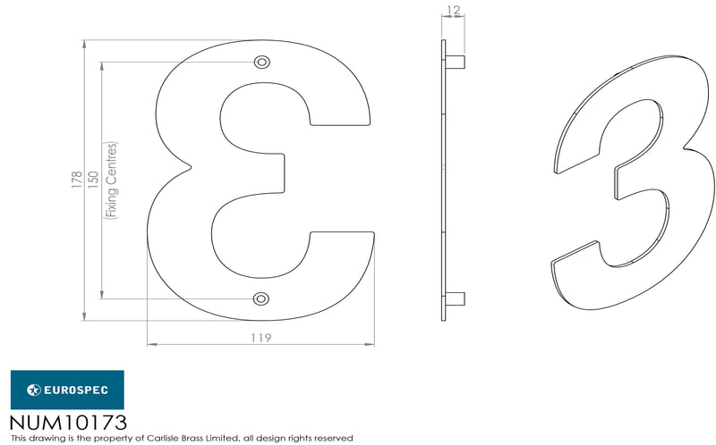 Eurospec - 178mm Stainless Steel 7" Door Numerals (0-9) (Number 3) - Satin Stainless Steel - NUM10173SSS