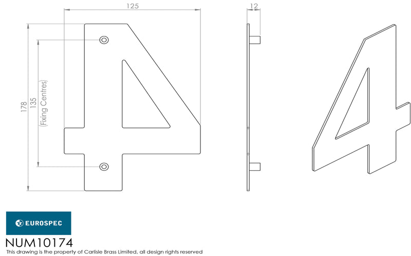 Eurospec - 178mm Stainless Steel 7" Door Numerals (0-9) (Number 4) - Satin Stainless Steel - NUM10174SSS