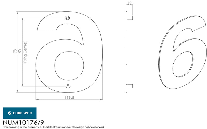 Eurospec - 178mm Stainless Steel 7" Door Numerals (0-9) (Number 6/9) - Satin Stainless Steel - NUM10176/9SSS