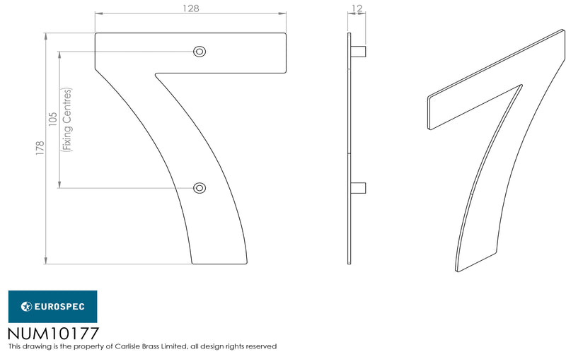 Eurospec - 178mm Stainless Steel 7" Door Numerals (0-9) (Number 7) - Satin Stainless Steel - NUM10177SSS