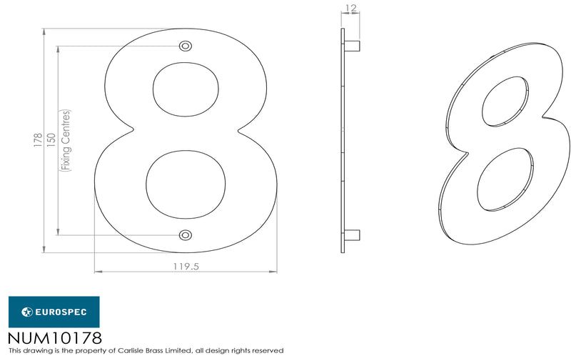 Eurospec - 178mm Stainless Steel 7" Door Numerals (0-9) (Number 8) - Bright Stainless Steel - NUM10178BSS