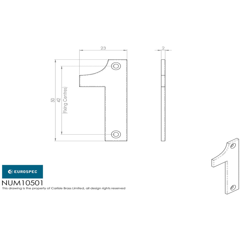 Eurospec - 50mm Door Numerals Number 1  - Satin Stainless Steel - NUM10501SSS - Choice Handles