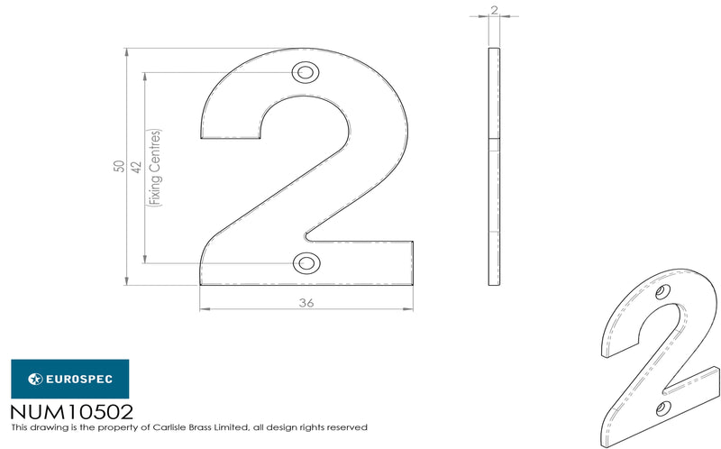 Eurospec - 50mm Door Numerals Number 2  - Satin Stainless Steel - NUM10502SSS