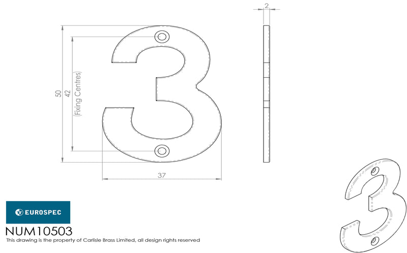 Eurospec - 50mm Door Numerals Number 3 - Satin Stainless Steel - NUM10503SSS