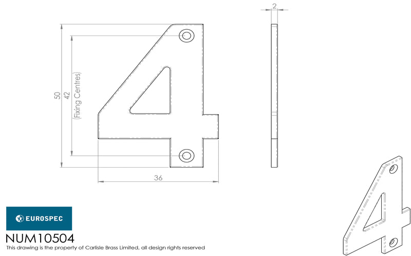 Eurospec - 50mm Door Numerals Number 4  - Bright Stainless Steel - NUM10504BSS