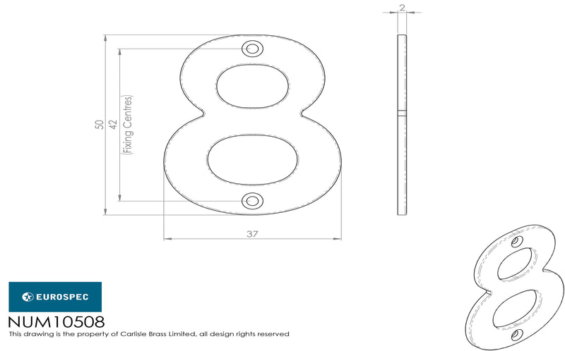 Eurospec - 50mm Door Numerals Number 8 - Bright Stainless Steel - NUM10508BSS