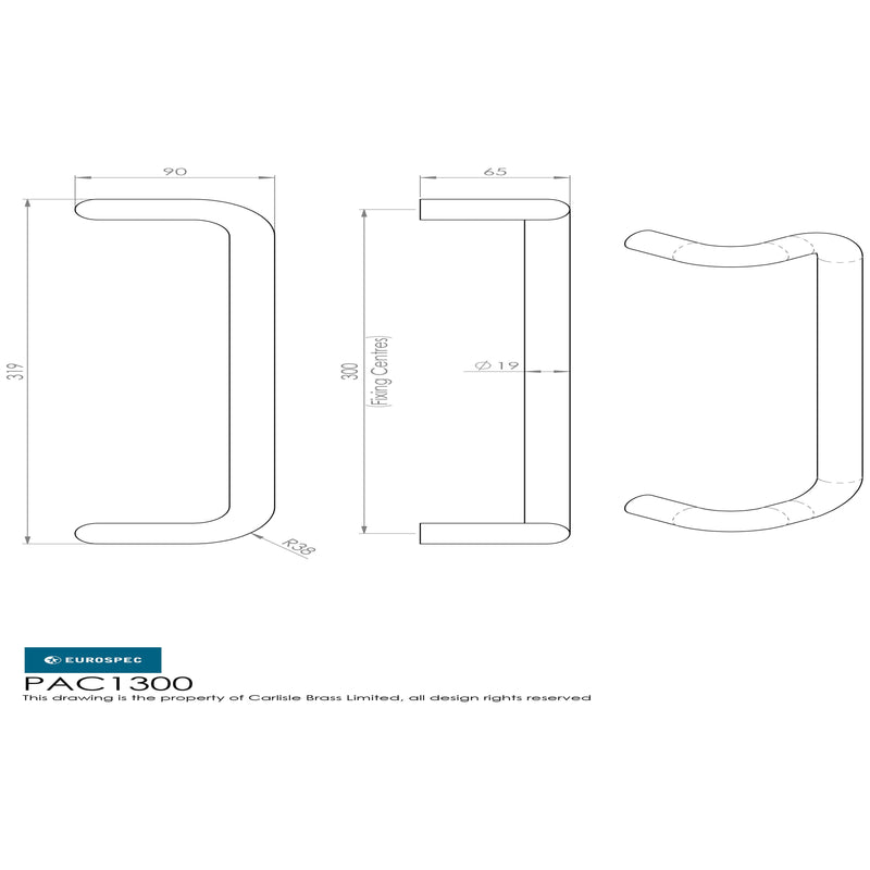Eurospec - 19mm Cranked Pull Handle 300mm Centres - Satin Stainless Steel - PAC1300SSS