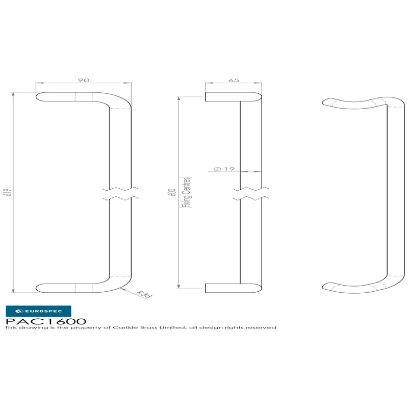 Eurospec - 19mm Cranked Pull Handle 600mm Centres - Satin Stainless Steel - PAC1600SSS