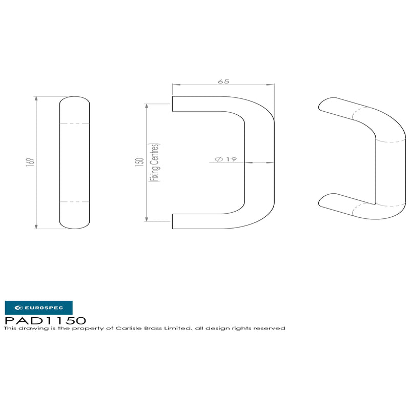 Eurospec - 19mm D Pull Handle 150mm Centres - Satin Stainless Steel - PAD1150SSS