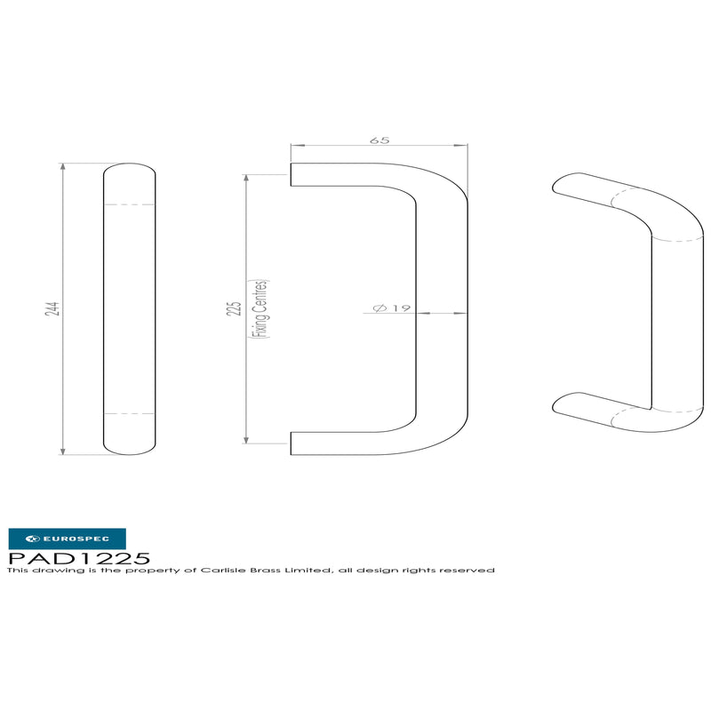 Eurospec - 19mm D Pull Handles 225mm Centres - Satin Stainless Steel - PAD1225SSS