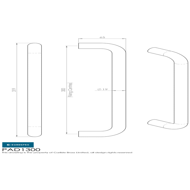 Eurospec - 19mm D Pull Handles 300mm Centres - Satin Stainless Steel - PAD1300SSS
