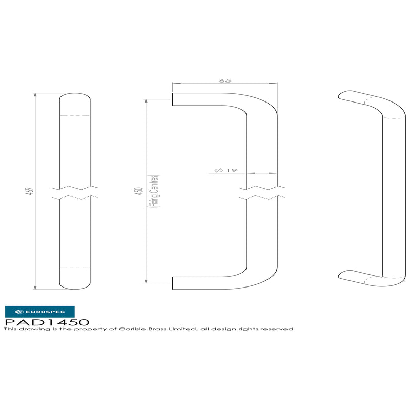 Eurospec - 19mm D Pull Handles 450mm Centres - Satin Stainless Steel - PAD1450SSS