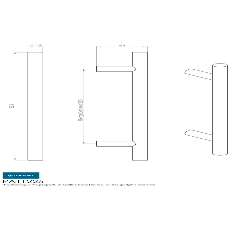 Eurospec - 19mm Straight T Pull Handle 225mm Centres - Satin Stainless Steel - PAT1225SSS