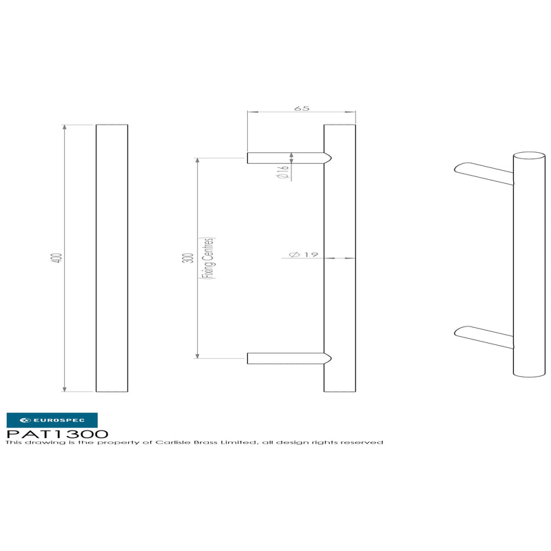 Eurospec - 19mm Straight T Pull Handle 300mm Centres - Satin Stainless Steel - PAT1300SSS