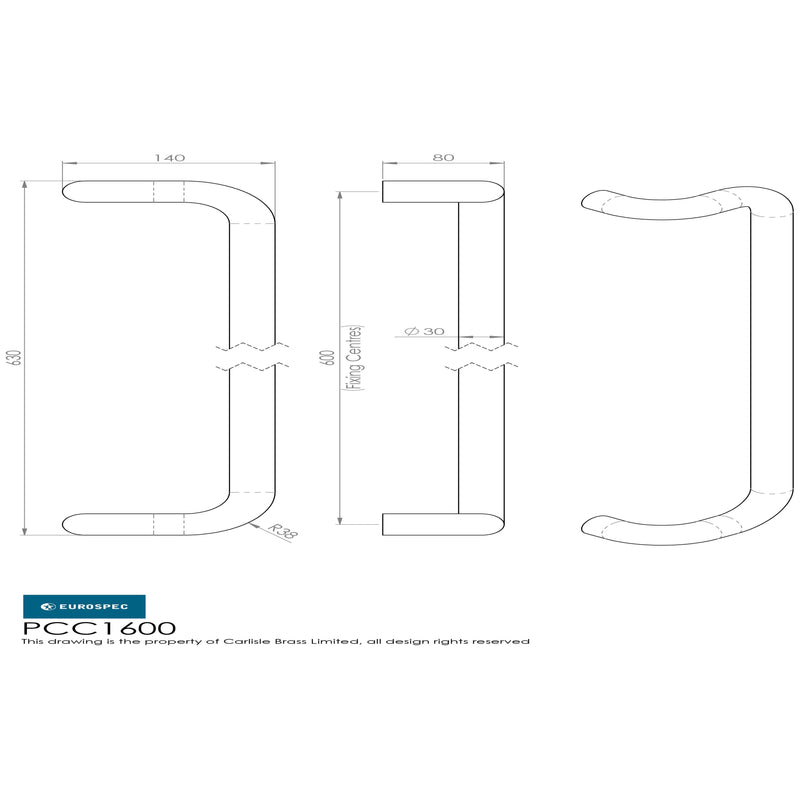 Eurospec - 30mm Cranked Pull Handle 600mm Centres - Satin Stainless Steel - PCC1600SSS