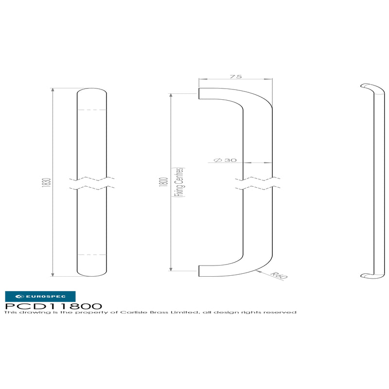 Eurospec - 30mm D Pull Handles 1800mm Centres - Satin Stainless Steel - PCD11800SSS