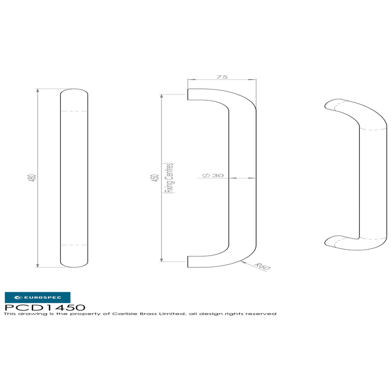Eurospec - 30mm D Pull Handles 450mm Centres - Satin Stainless Steel - PCD1450SSS