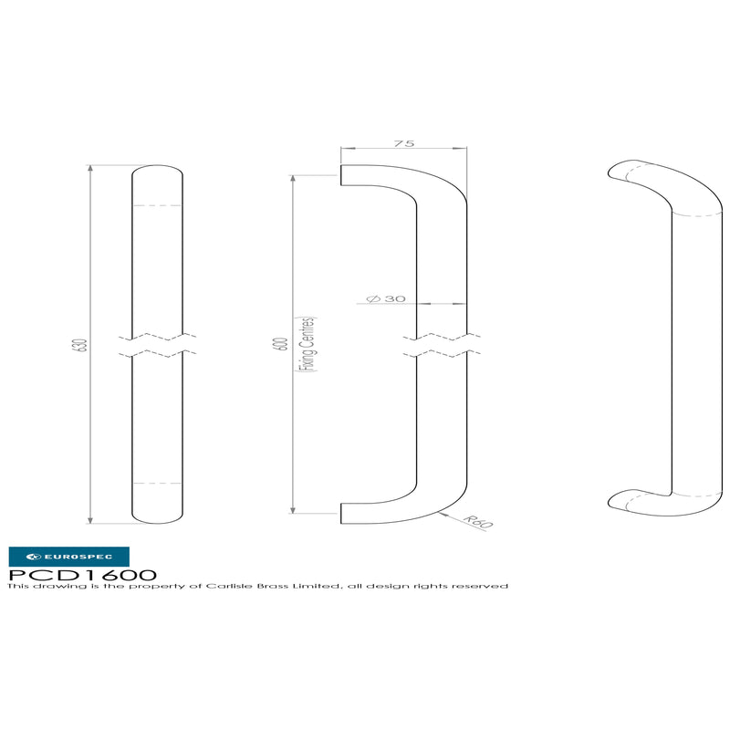 Eurospec - 30mm D Pull Handles 600mm Centres - Satin Stainless Steel - PCD1600SSS