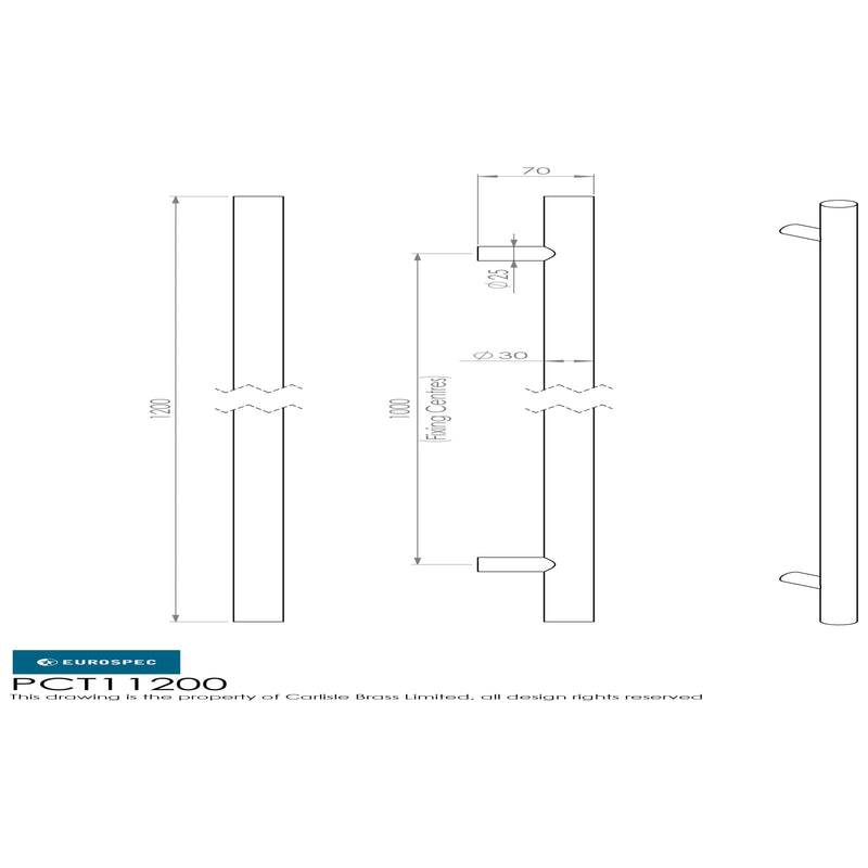 Eurospec - 30mm Straight T Pull Handle 1000mm Centres - Satin Stainless Steel - PCT11200SSS