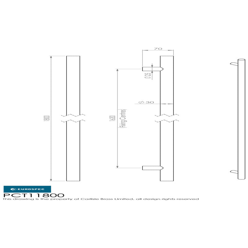 Eurospec - 30mm Straight T Pull Handle 1630mm Centres - Satin Stainless Steel - PCT11800SSS