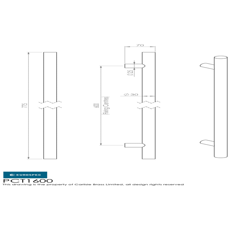Eurospec - 30mm Straight T Pull Handle 600mm Centres - Satin Stainless Steel - PCT1600SSS