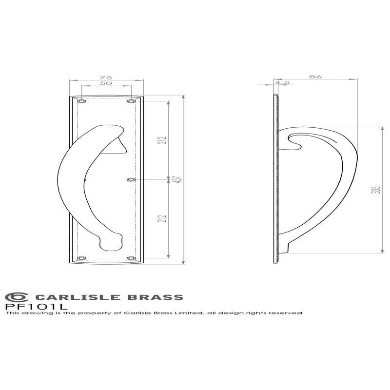 Carlisle Brass - Large Pull Handle Left Hand 53mm x 75mm  - Polished Brass - PF101L - Choice Handles
