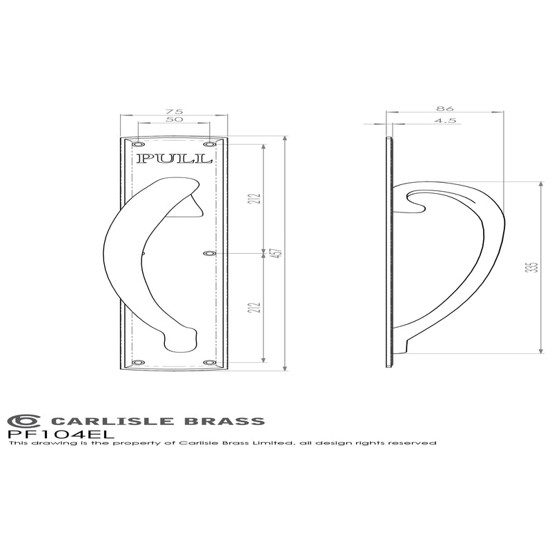 Carlisle Brass - Engraved Large Pull Handle Left Hand 453mm x 75mm - Polished Brass - PF104EL - Choice Handles