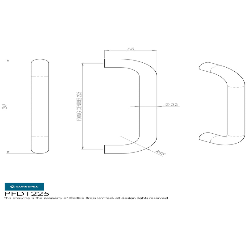Eurospec - 22mm D Pull Handles 225mm Centres - Satin Stainless Steel - PFD1225SSS