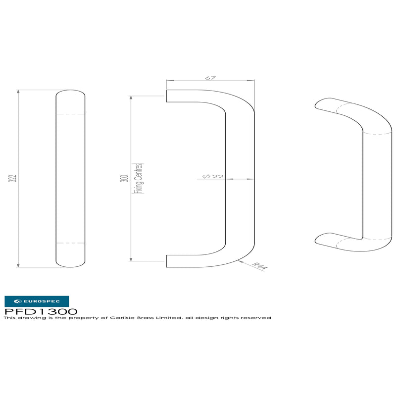 Eurospec - 22mm D Pull Handles 300mm Centres - Satin Stainless Steel - PFD1300SSS