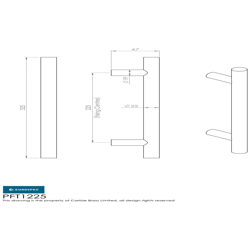Eurospec - 22mm Straight T Pull Handle 225mm Centres - Satin Stainless Steel - PFT1225SSS