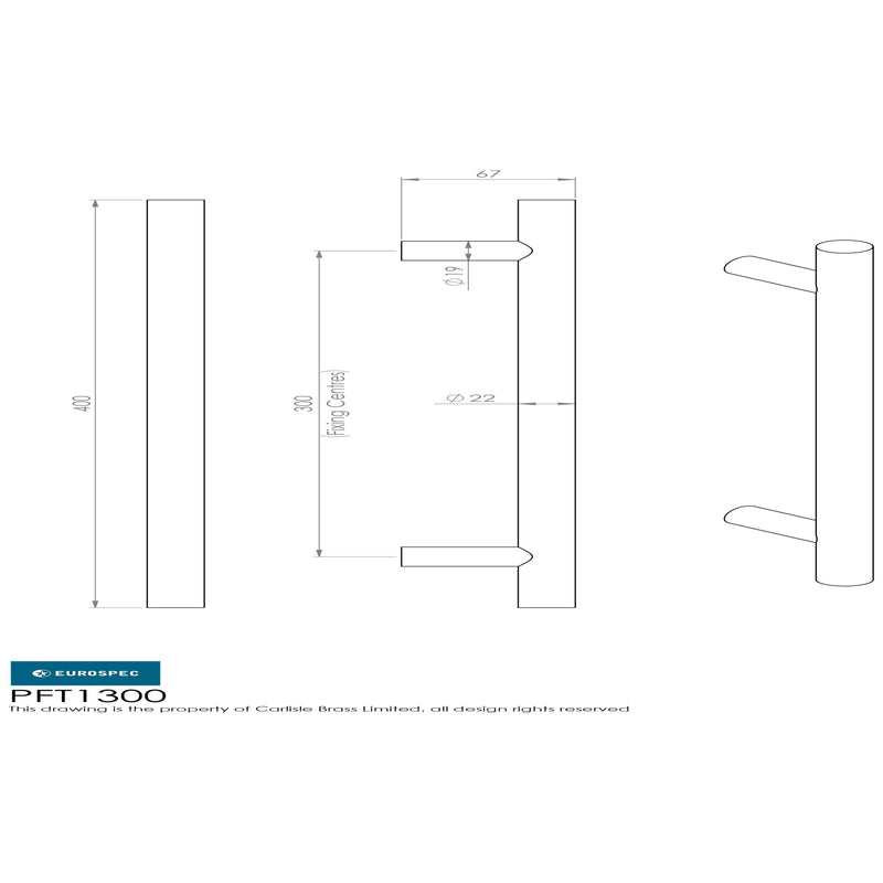 Eurospec - 22mm Straight T Pull Handle 300mm Centres - Satin Stainless Steel - PFT1300SSS