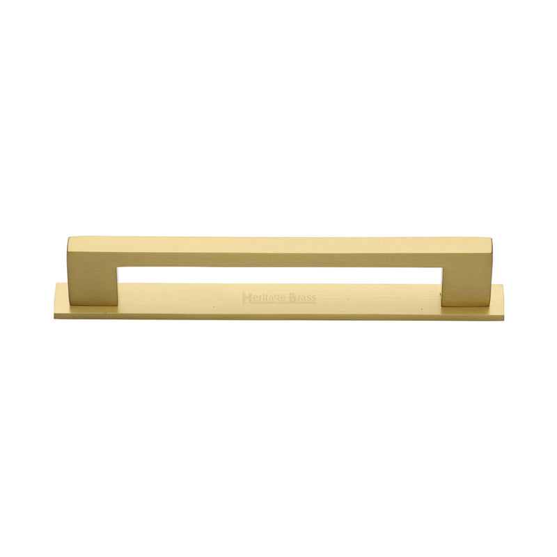 Heritage Brass Cabinet Pull Metro Design with Plate 128mm CTC Satin Brass Finish - PL0337 128-SB - Choice Handles