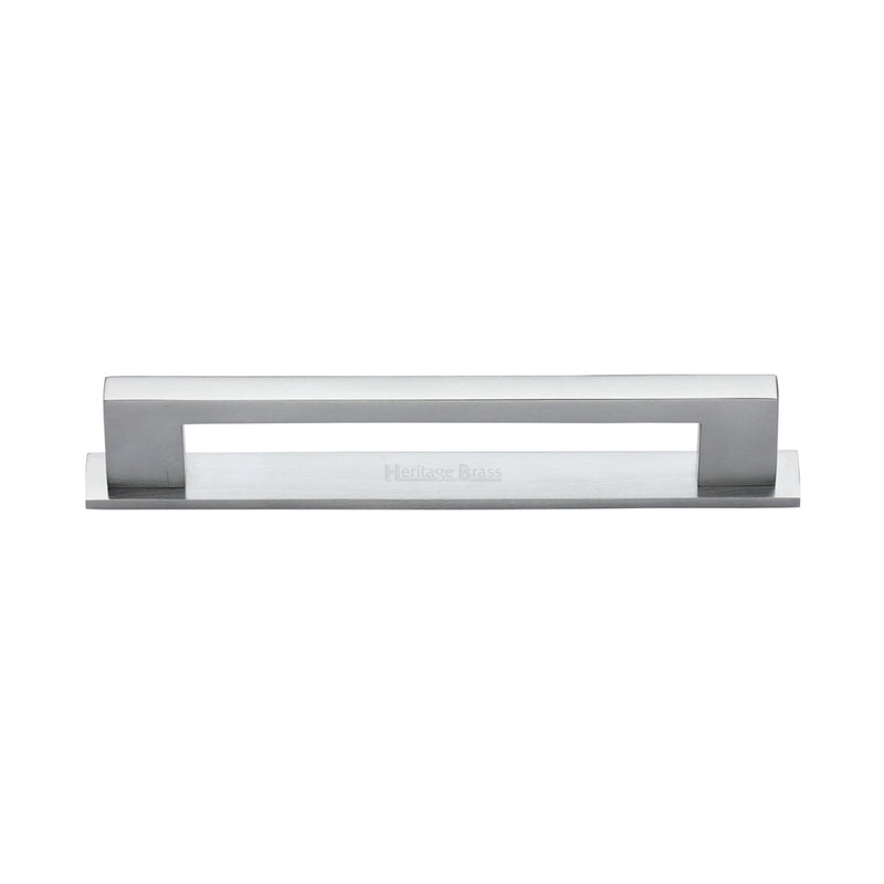 Heritage Brass Cabinet Pull Metro Design with Plate 128mm CTC Satin Chrome Finish - PL0337 128-SC - Choice Handles