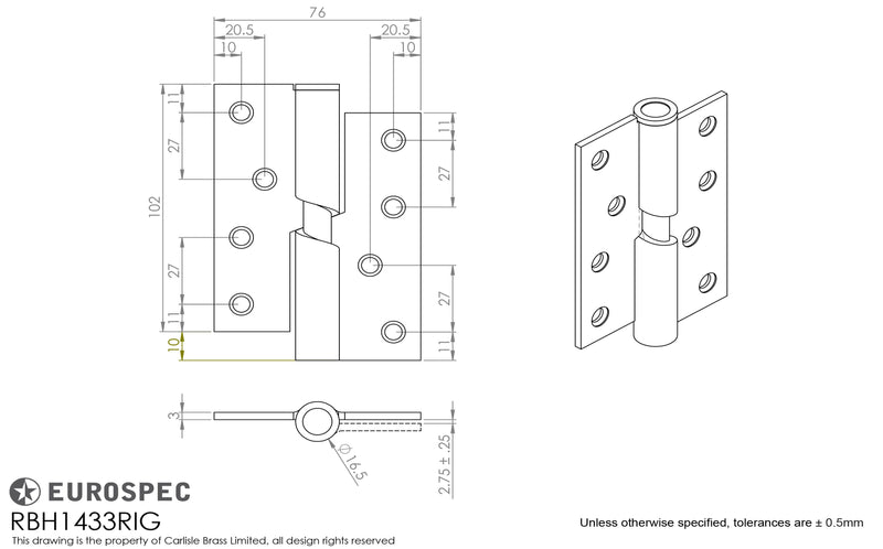 Eurospec - Enduro Rising Butt Hinge R/H - Satin Stainless Steel - RBH1433RIG/SSS