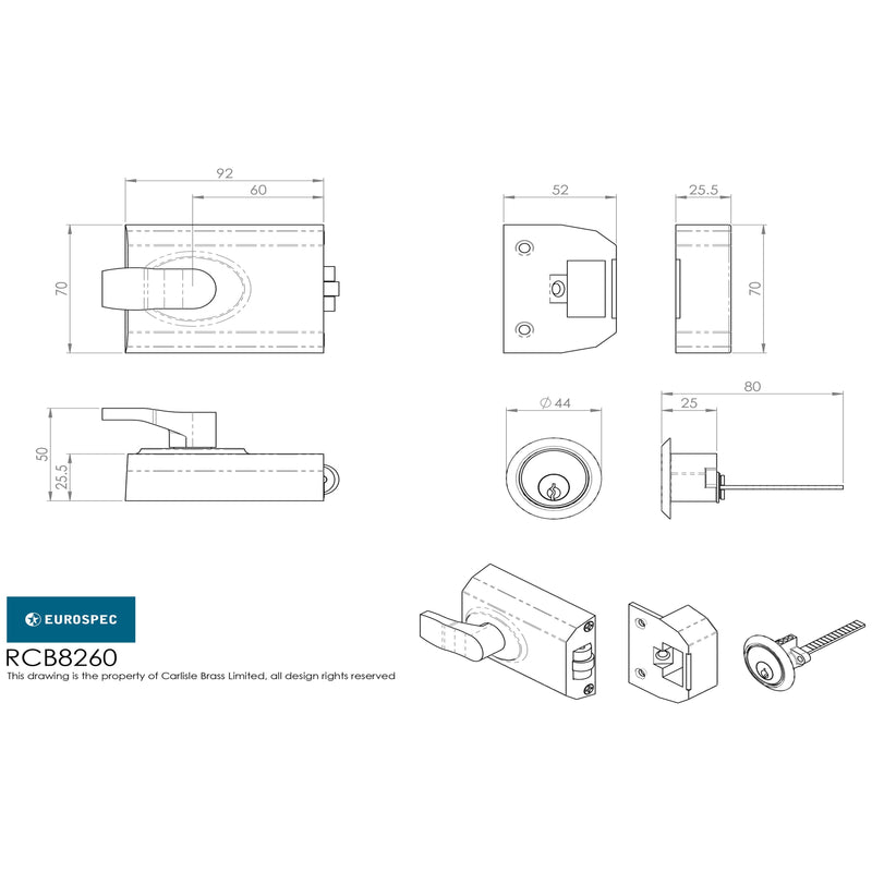 Eurospec - Contract Rim Cylinder Rollerbolt 60mm - Polished Chrome - RCB8260PC - Choice Handles
